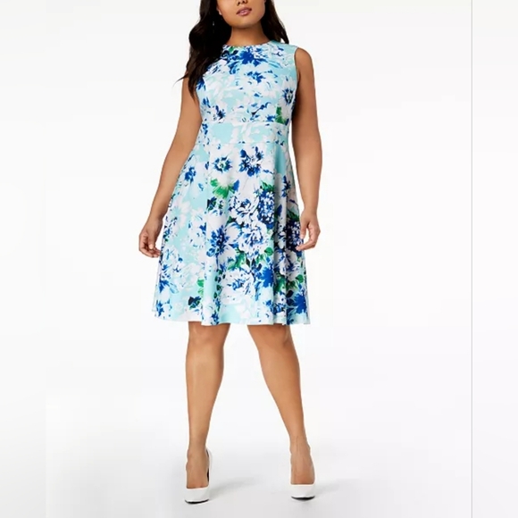 Calvin Klein Dresses & Skirts - Calvin Klein Floral Sleeveless Fit and Flare Dress Size 8 Green Blue Sea Glass